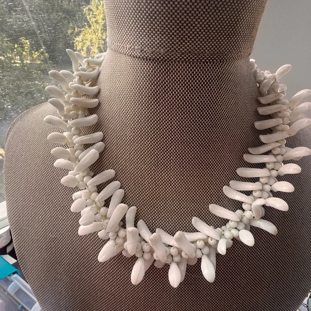 Vintage White Milk Glass Beaded Fringe Choker Necklace Marked Germany